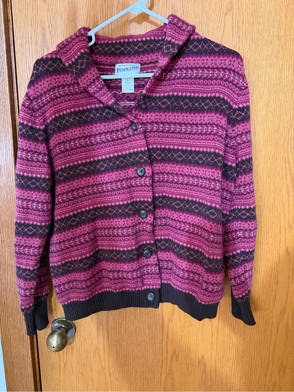 Pendleton Women's Magenta and Brown Patterned Button Cardigan
